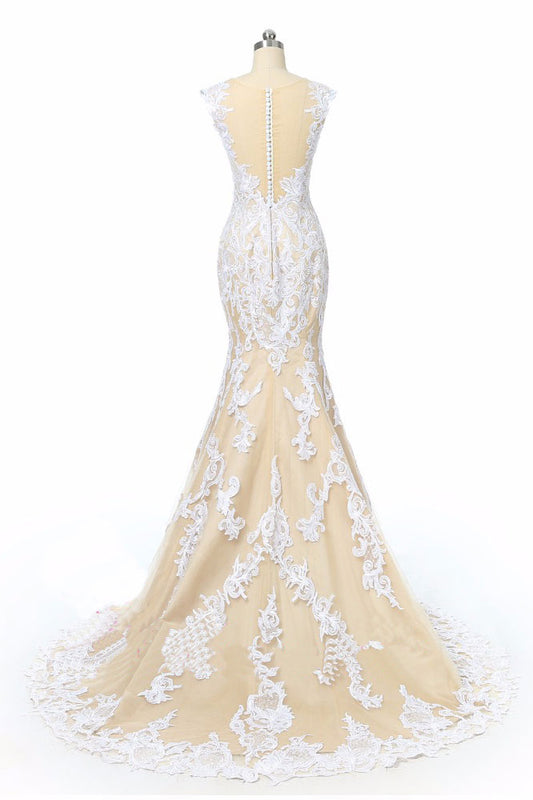 Unique champagne tulle lace long prom dress, champagne wedding dress
