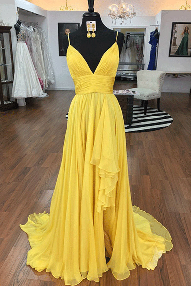 Simple yellow chiffon long prom dress, yellow evening dress