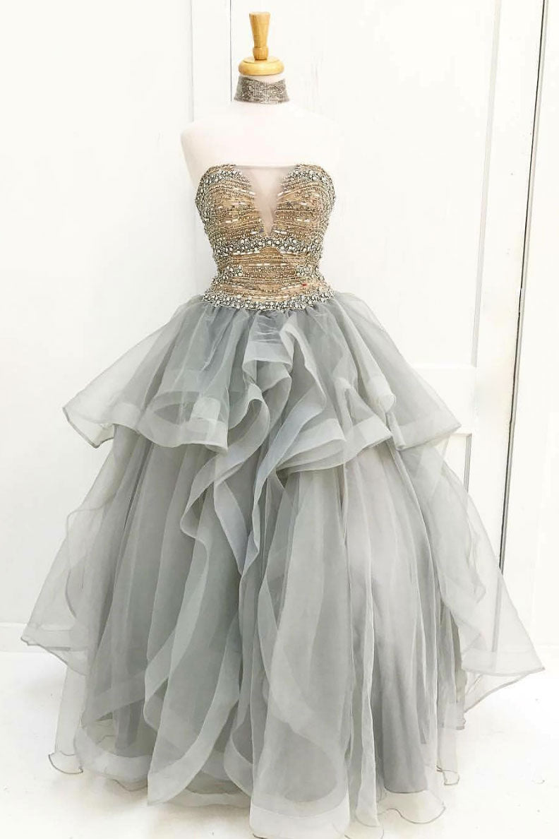 Gray tulle beads sequin long prom dress, gray tulle evening dress