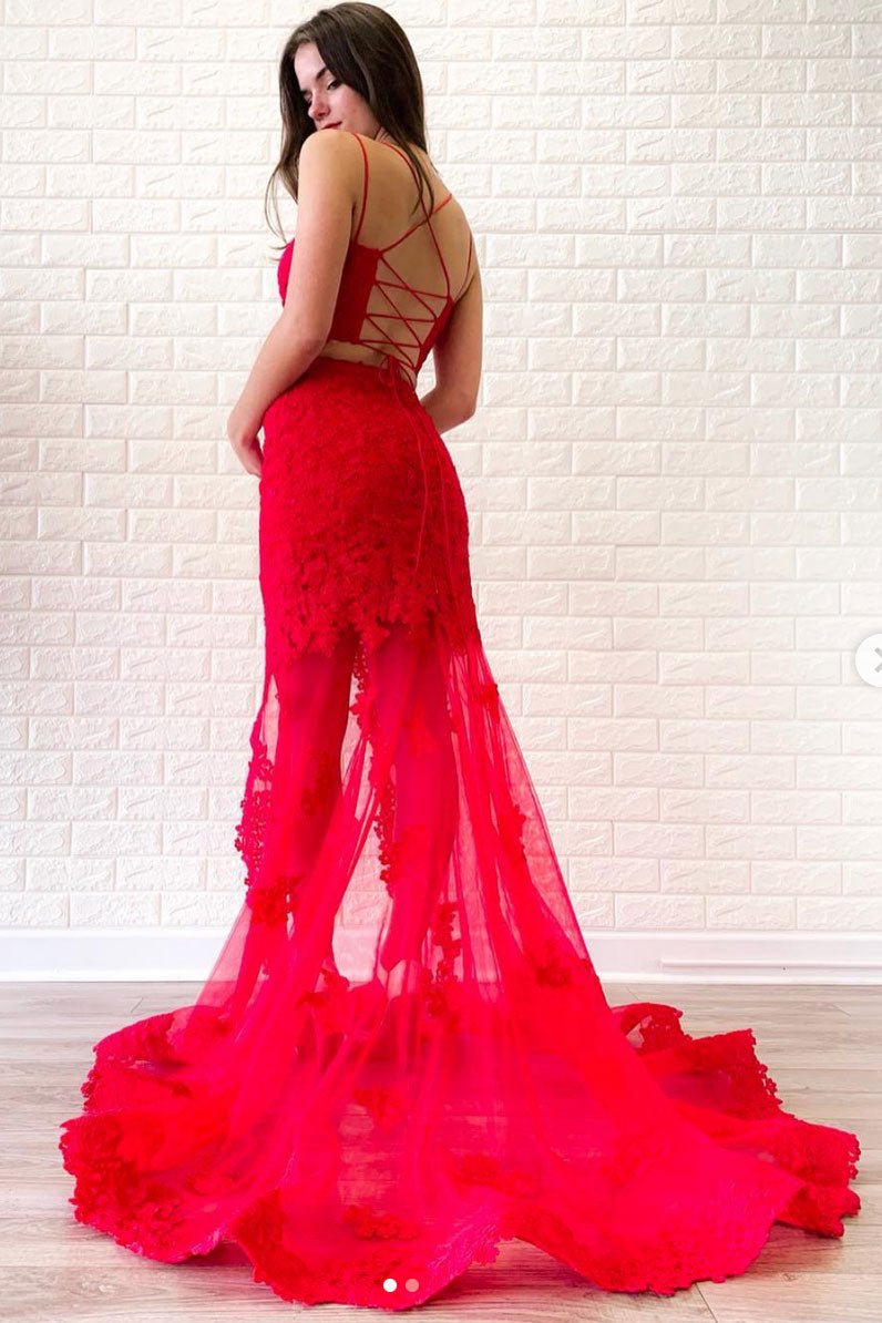 Red two pieces lace long prom dress, red lace evening dress