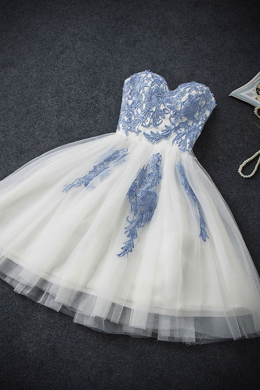 Blue sweetheart neck tulle short prom dress, blue homecoming dress