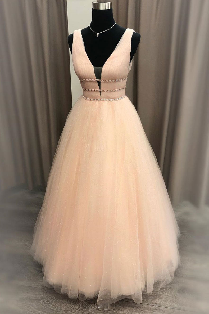 Simple v neck tulle long prom dress, tulle formal dress