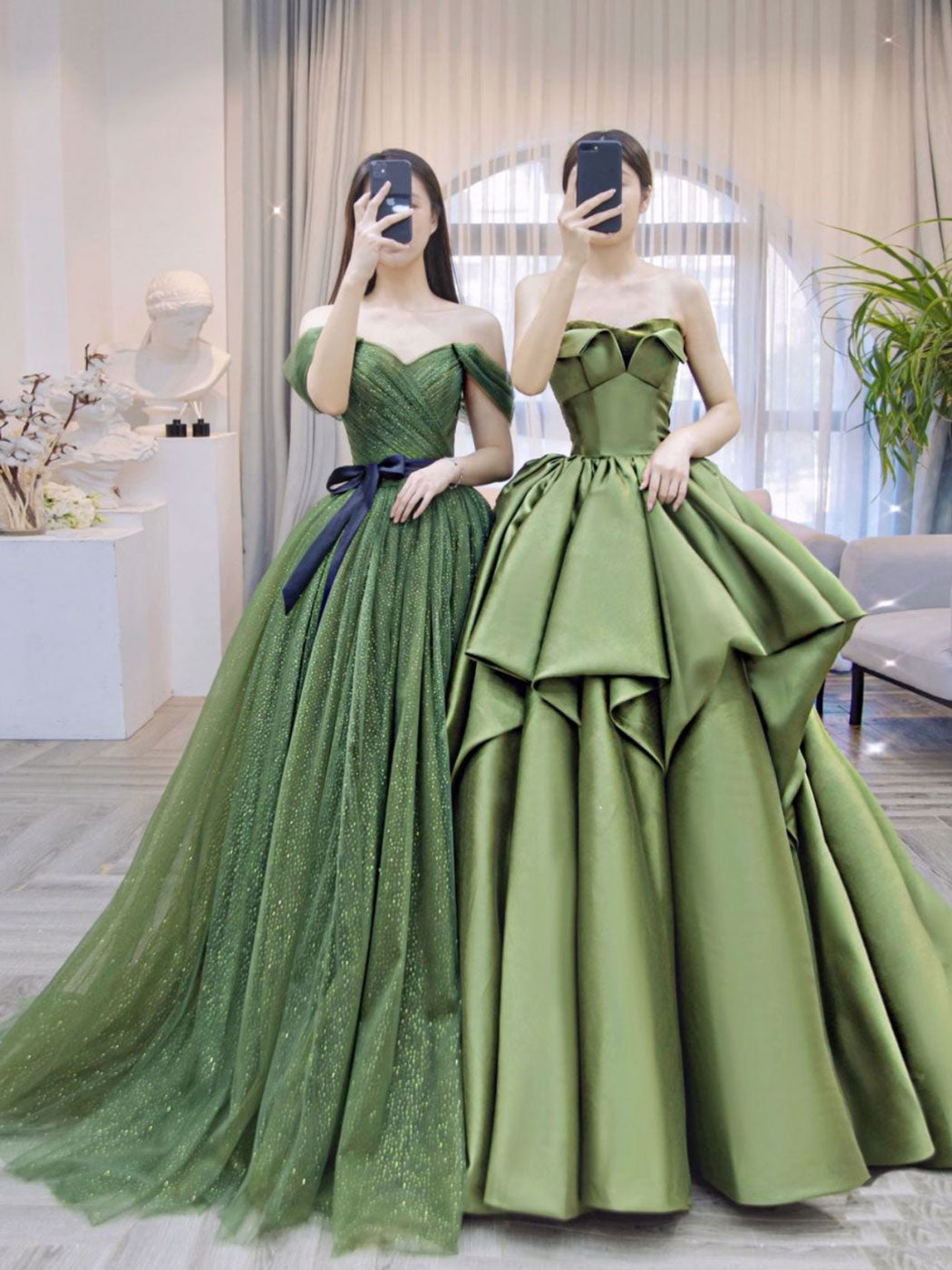 A-Line Off Shoulder Tulle Green Long Prom Dress, Green Formal Dresses