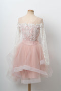 Pink round neck tulle lace short prom dress, pink homecoming dress