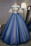 Blue tulle lace applique long prom dress, blue evening dress