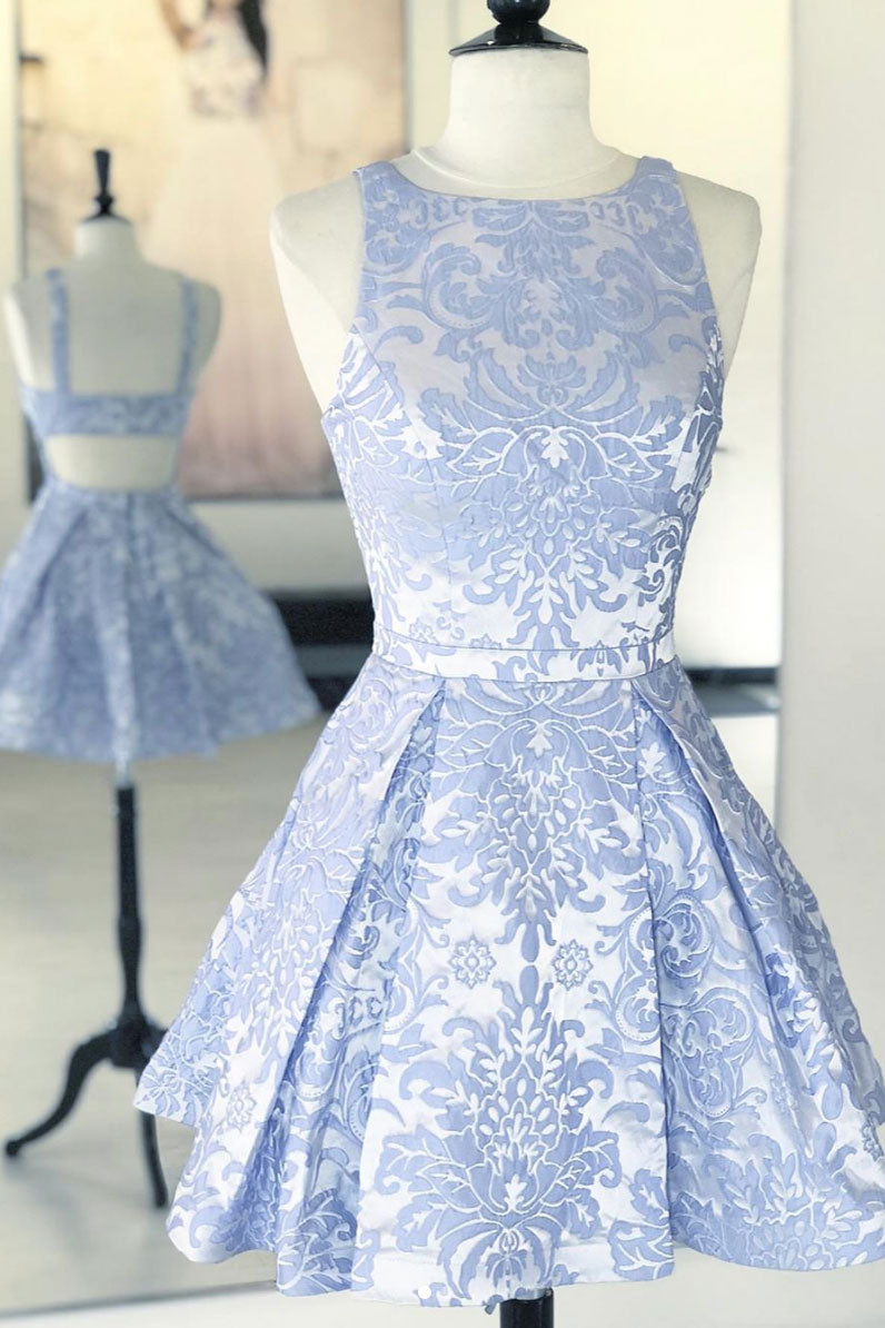 Blue lace short prom dress, blue lace homecoming dress
