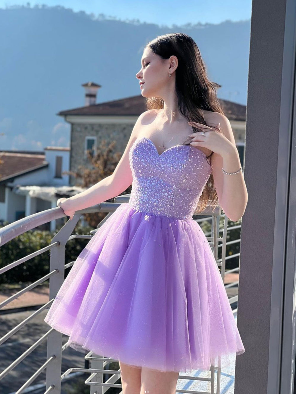 Purple Sweetheart Neck Short Prom Dresses, Purple Homecoming Dresses
