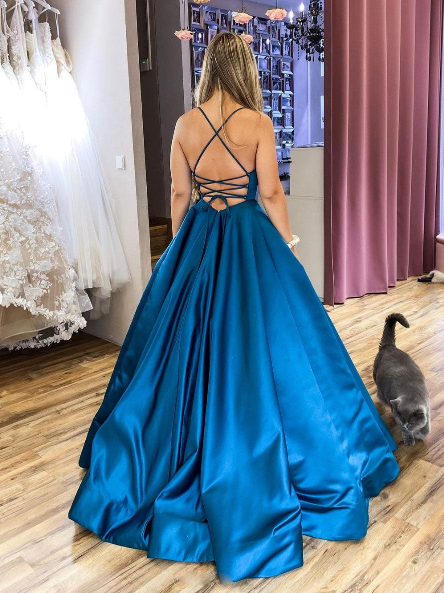 Simple blue satin backless long prom dress, blue evening dress