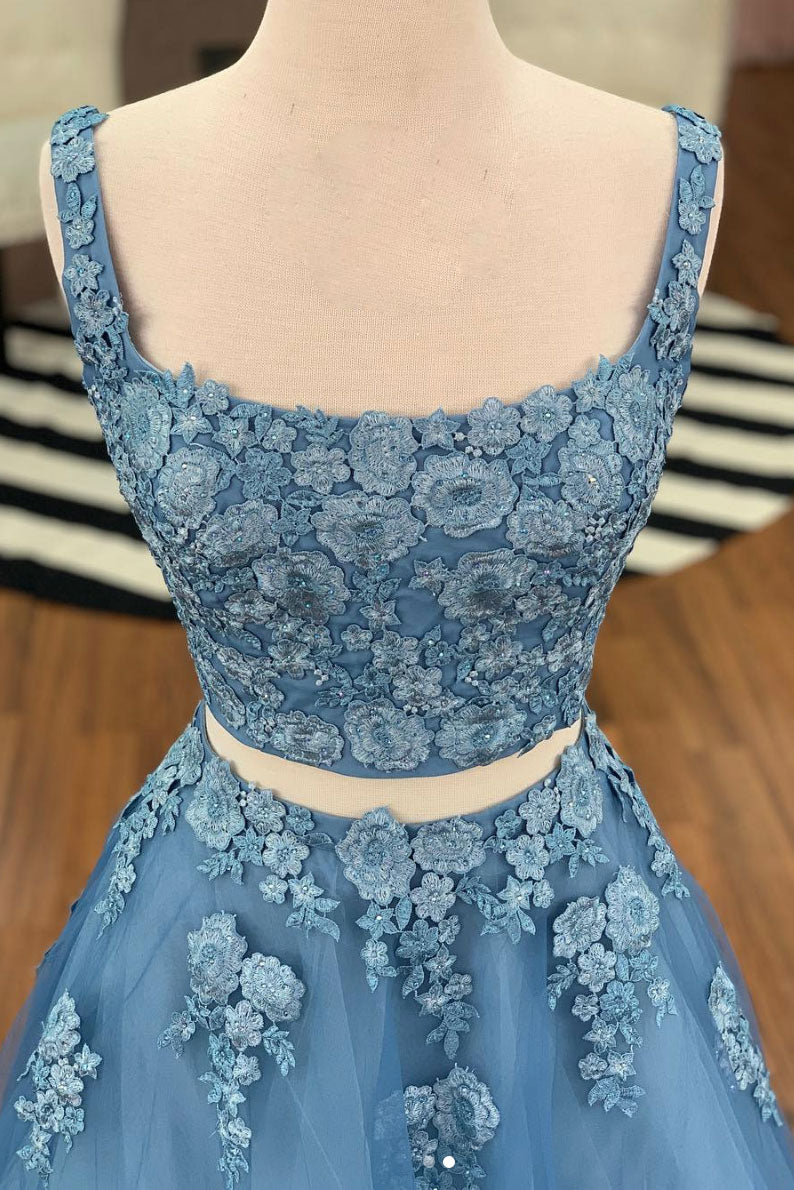 Blue two pieces lace tulle long prom dress, blue evening dress