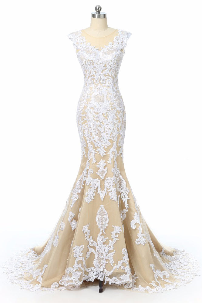 Unique champagne tulle lace long prom dress, champagne wedding dress