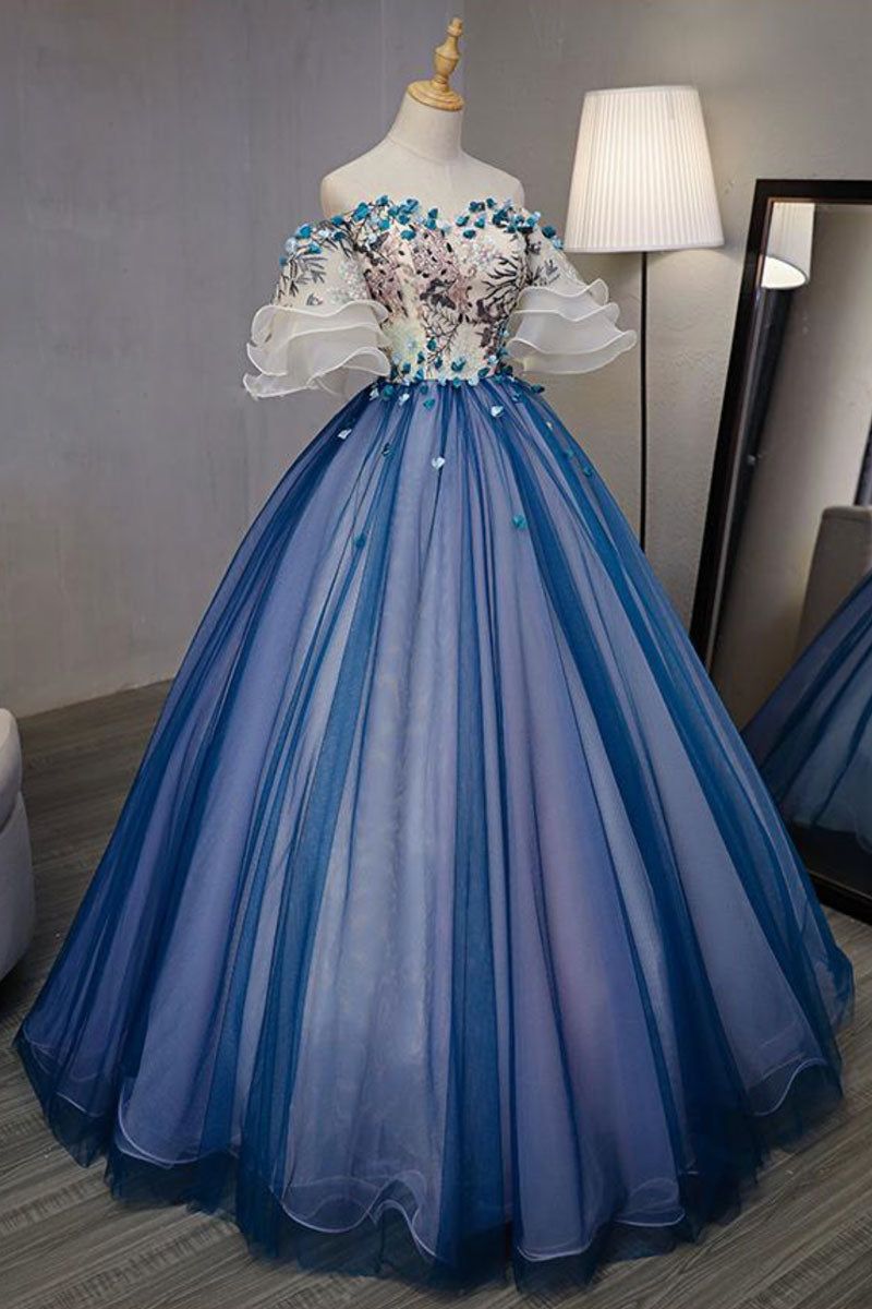 Blue tulle lace applique long prom dress, blue evening dress