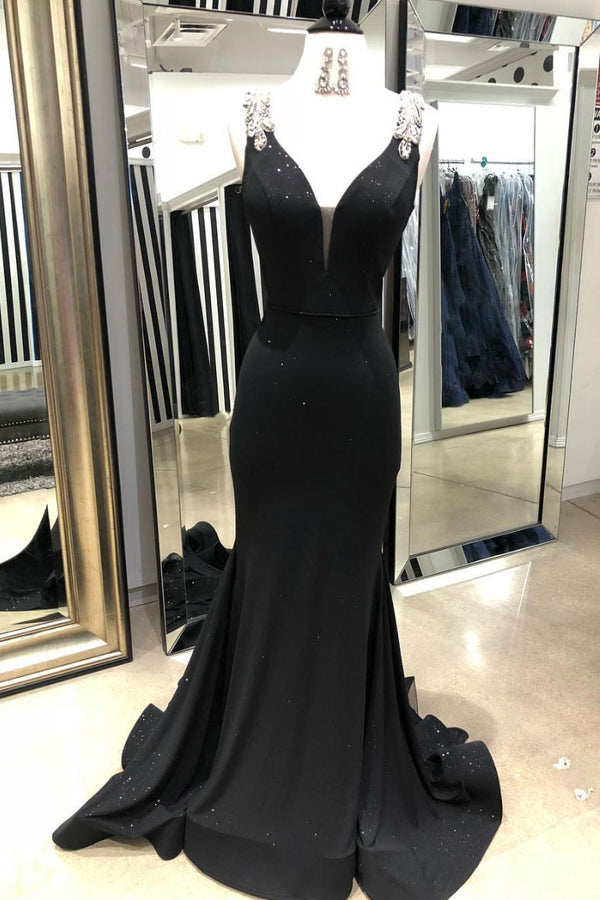 Black v neck mermaid long prom dress, black evening dress