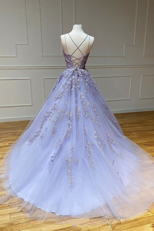 Purple tulle lace long prom dress purple lace formal dress