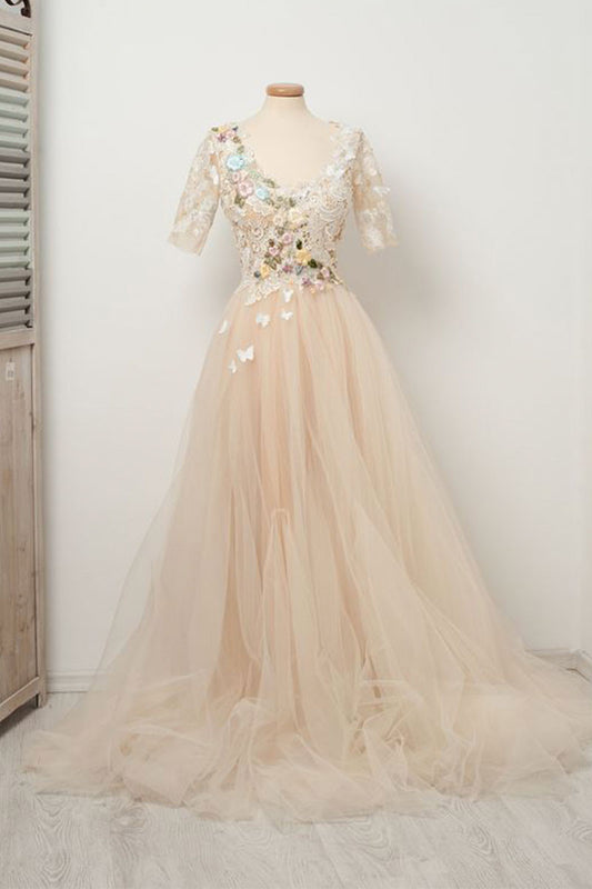 Light champagne tulle lace long prom dress, tulle evening dress