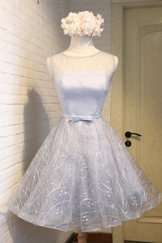 Gray round neck tulle short prom dress gray homecoming dress