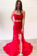 Red two pieces lace long prom dress, red lace evening dress
