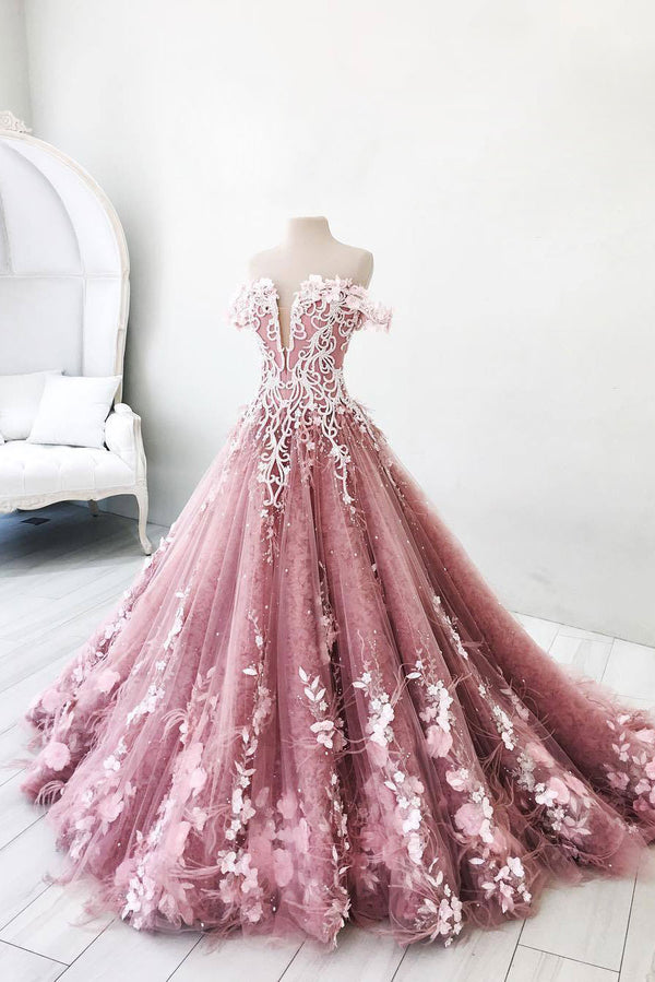 Unique pink tulle lace long prom dress, pink tulle lace evening dress