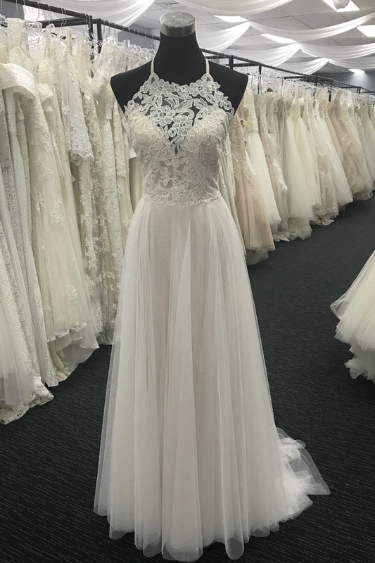 White A-line lace chiffon long prom dress, white lace wedding dress