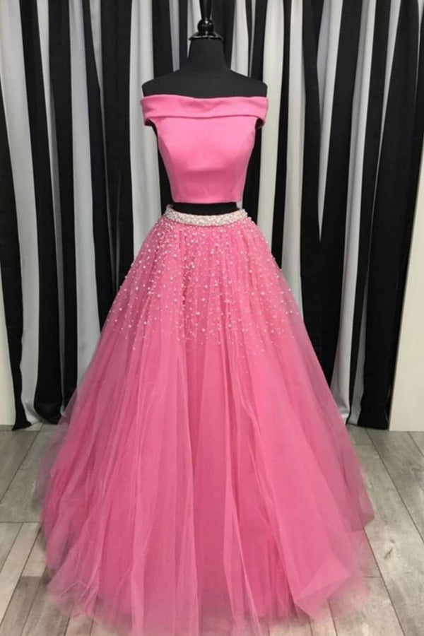 Pink two pieces tulle beads long prom dress, pink evening dress