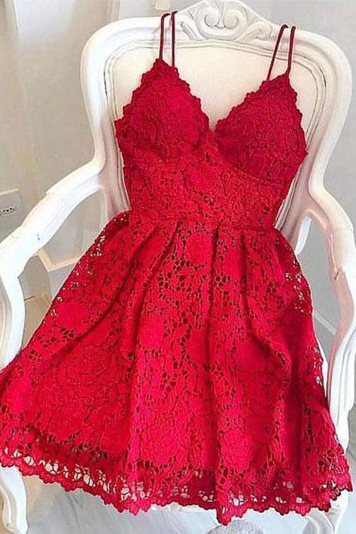 Red lace short prom dress cute lace cocktail dress