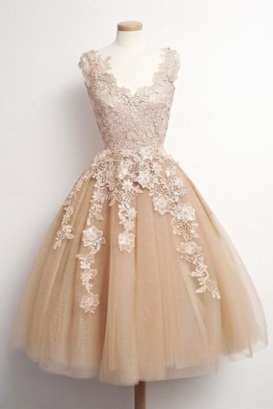 Champagne tulle lace short prom dress, cute homecoming dress