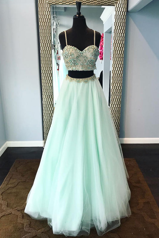 Green two pieces tulle beads long prom dress, green evening dress