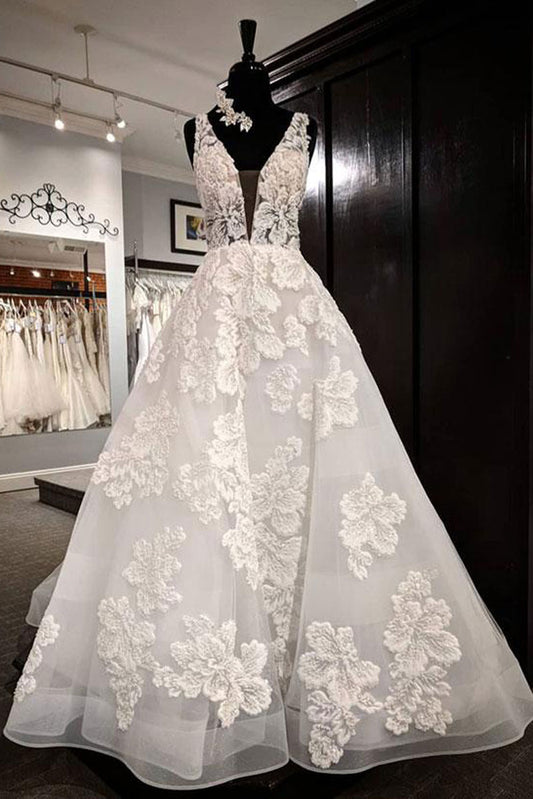 White v neck lace long prom dress, white evening dress