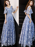 Aline V Neck Lace Long Prom Dress, Blue Formal Graduation Dress
