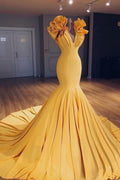 Yellow satin mermaid long prom dress, yellow evening dress