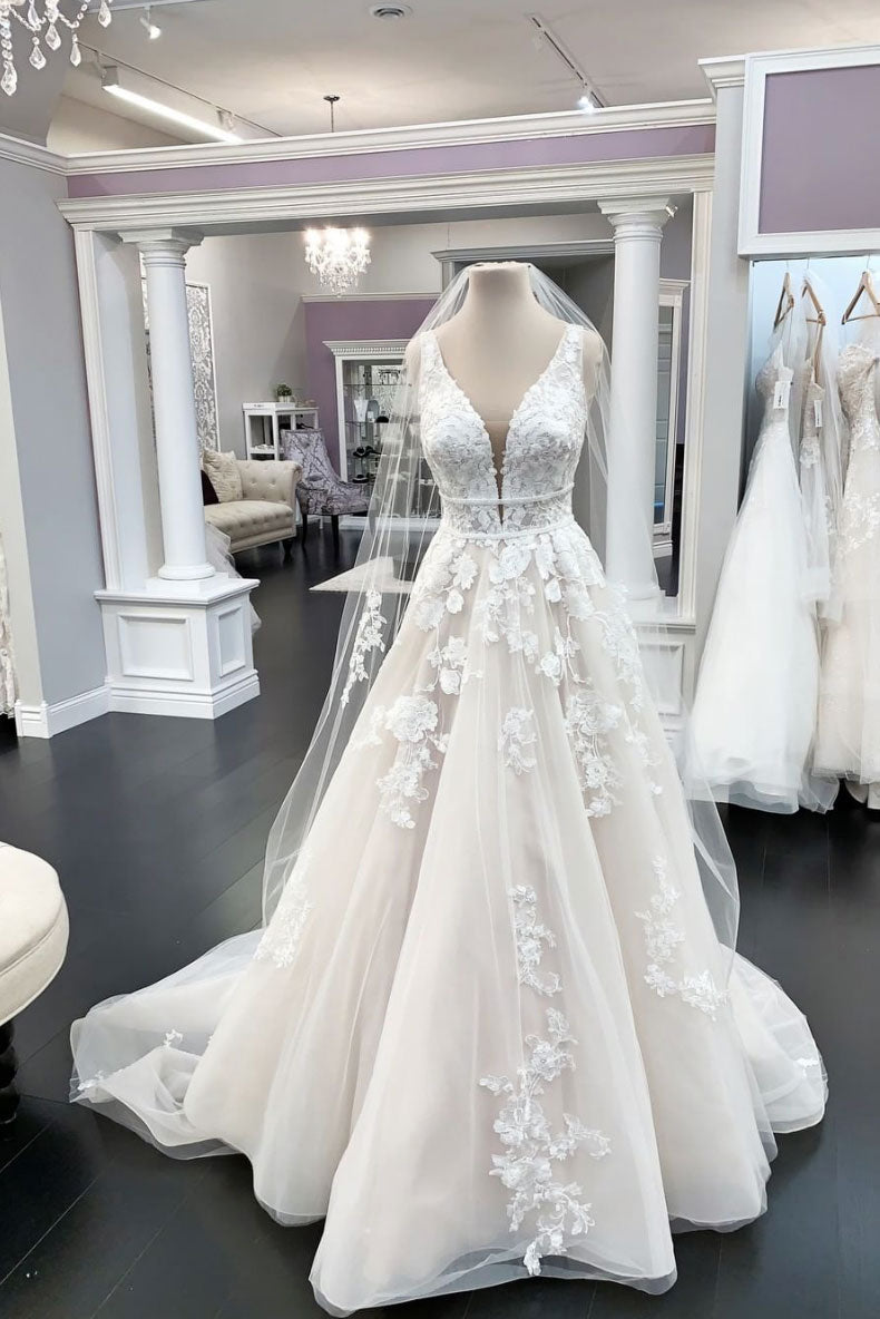 Light champagne tulle lace long prom dress lace tulle wedding dress