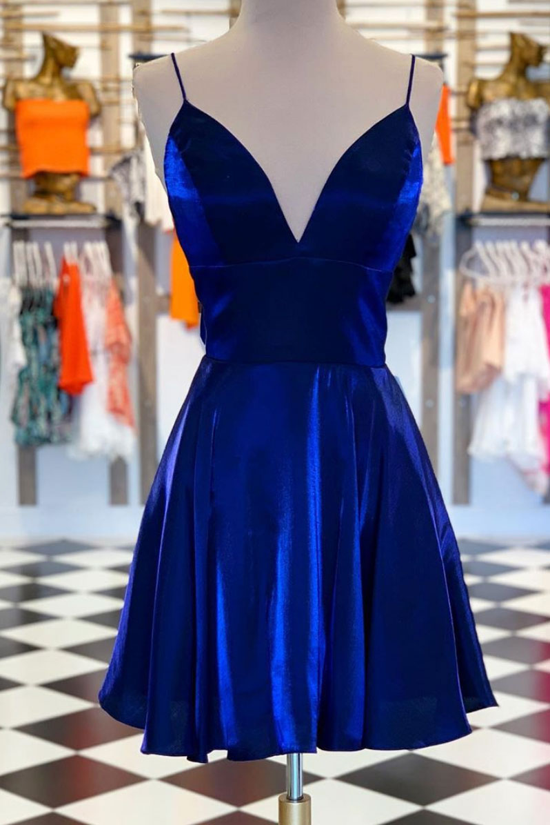 Simple v neck blue short prom dress blue homecoming dress