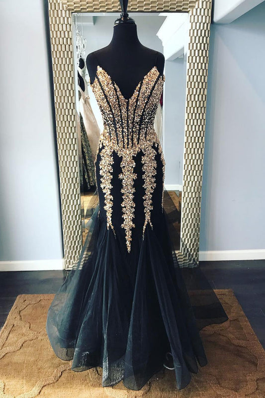 Black sweetheart tulle sequin long prom dress, tulle evening dress