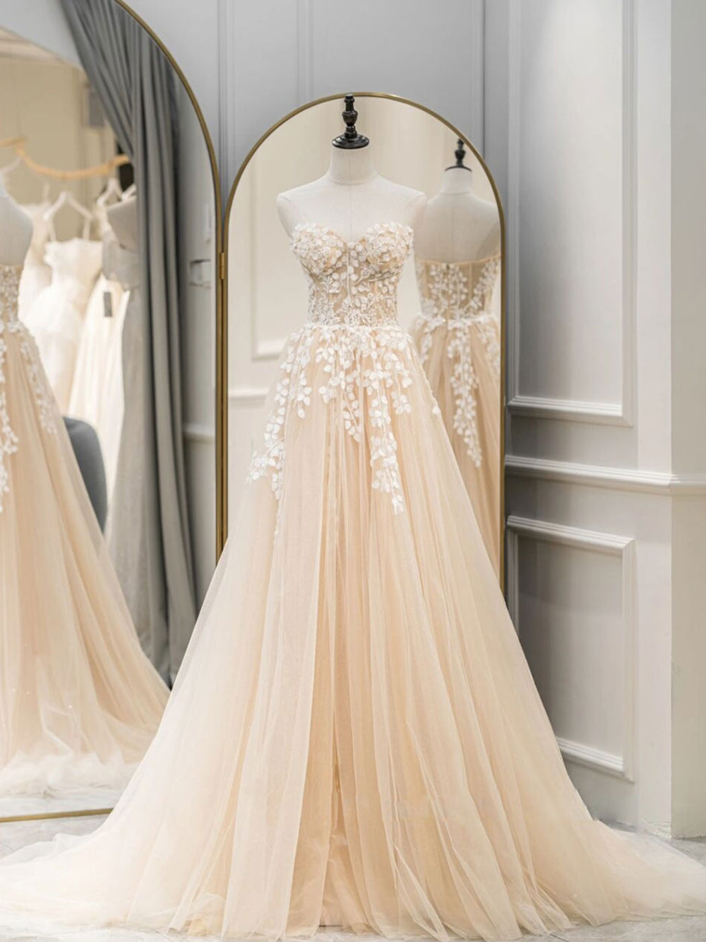 Aline sweetheart neck champagne long prom dresses, lace formal champag dresstby Aline sweetheart neck champagne long prom dresses, lace formal champag dresstby