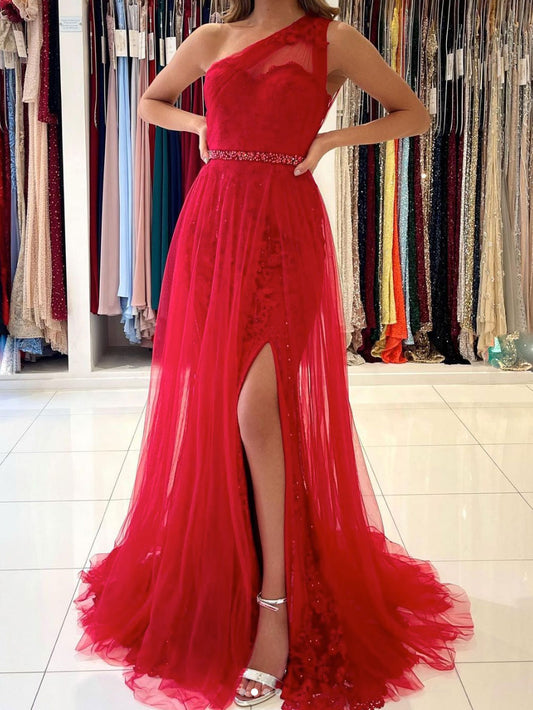 Red one shoulder tulle lace long prom dress, red evening dress