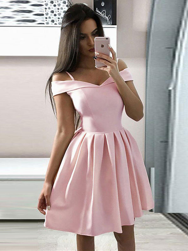Simple pink off shoulder satin short prom dress pink homecoming dress