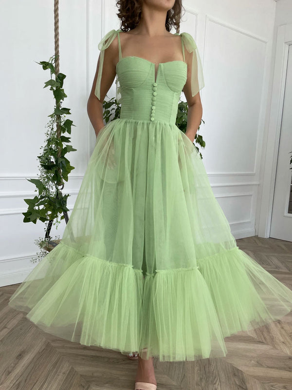 Simple green tulle tea length prom dress green tulle formal dress