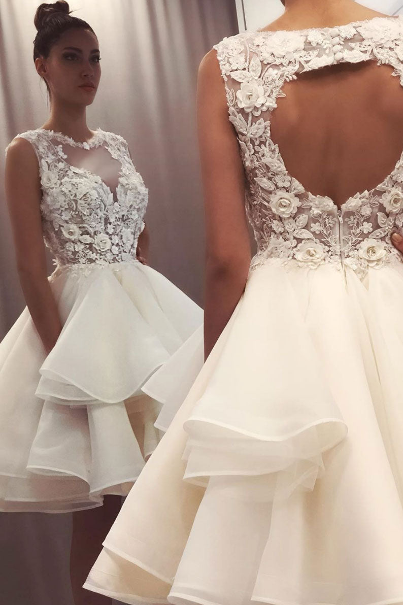 White round neck lace short prom dress lace homecoming dress