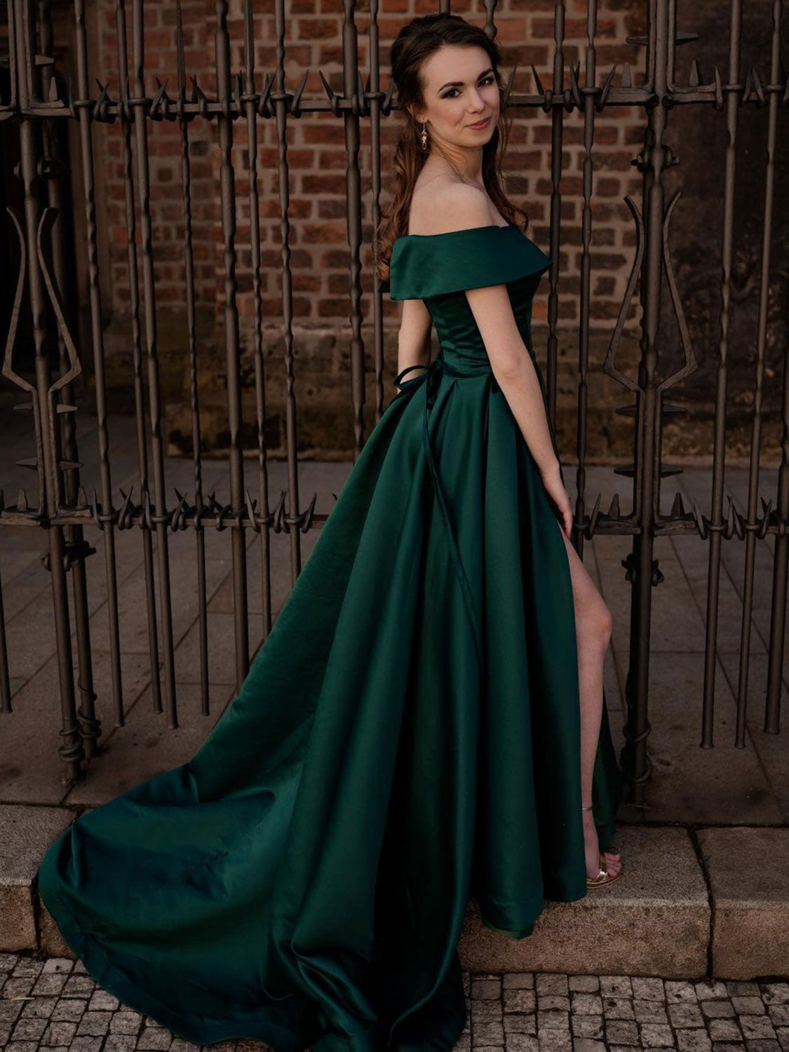 Simple off shoulder satin green long prom dress, green evening dress