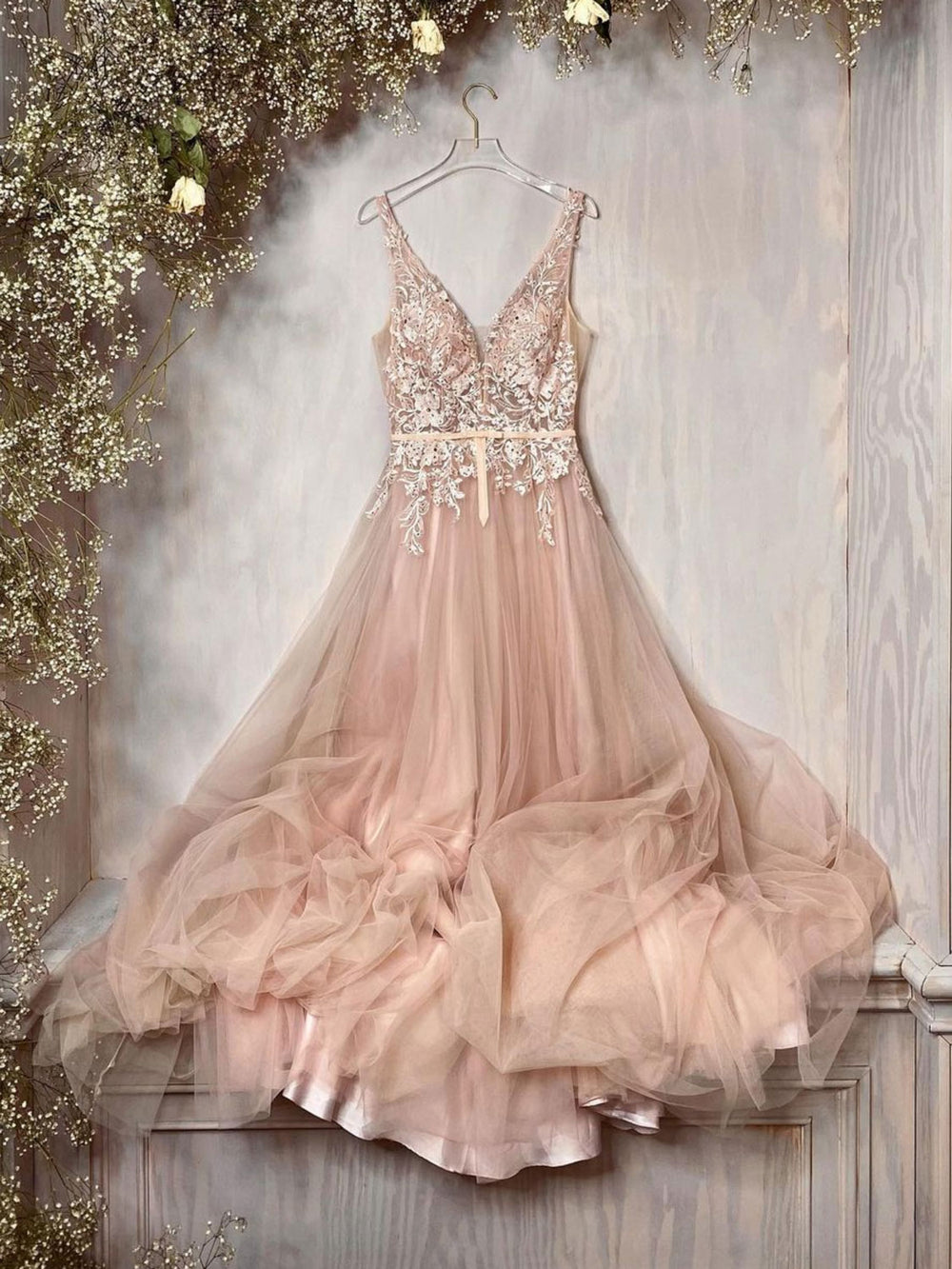 Champagne v neck tulle lace long prom dress, A line bridesmaid dress