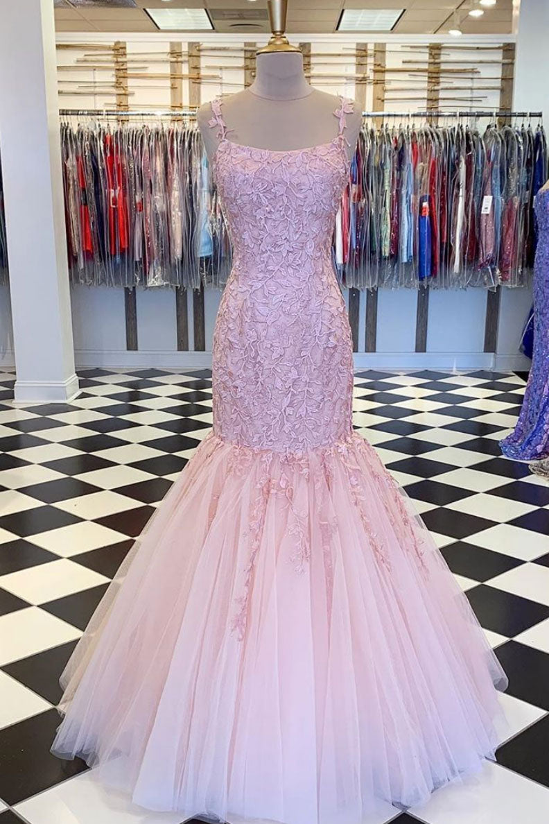 Pink tulle lace mermaid long prom dress pink formal dress