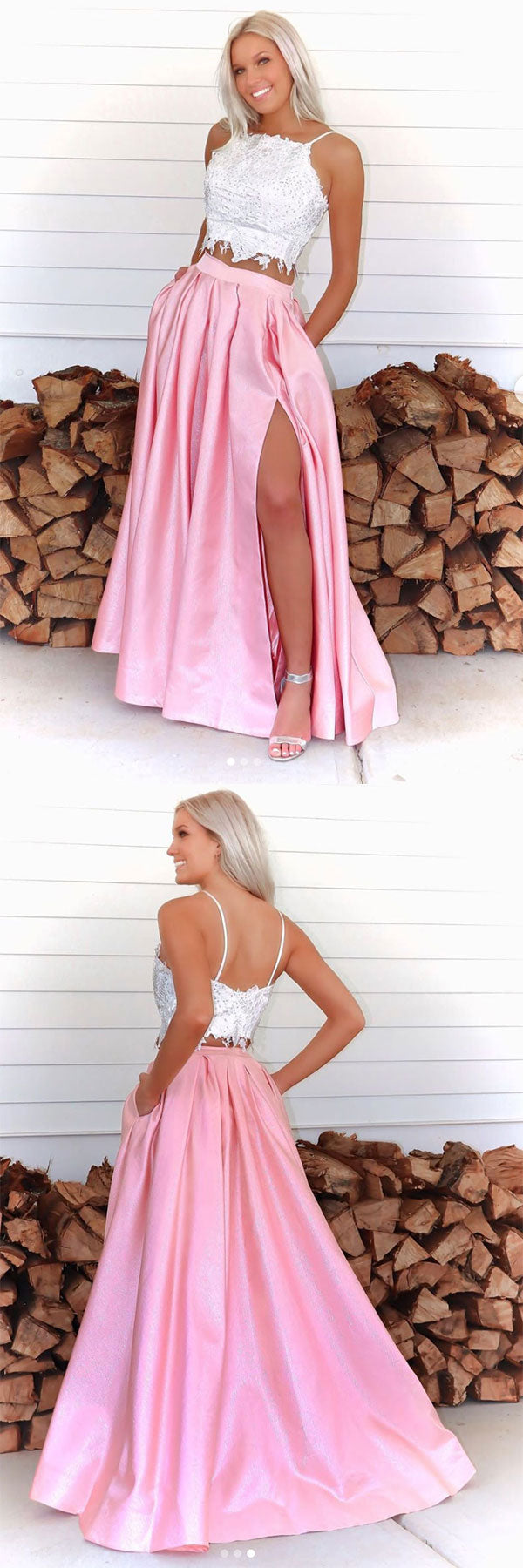 Pink two pieces lace long prom dress pink formal dress