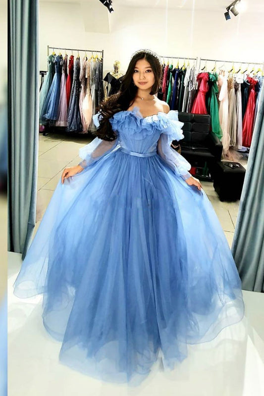 Blue sweetheart tulle long prom dress blue formal dress