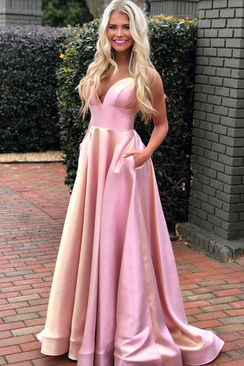 Simple pink v neck satin long prom dress pink formal dress