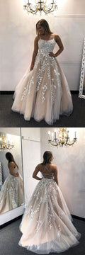 Champagne tulle lace long prom dress lace long evening dress