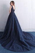 Dark blue v neck tulle lace long prom dress, blue evening dress