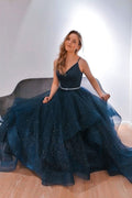 Dark blue v neck tulle sequin long prom dress blue formal dress