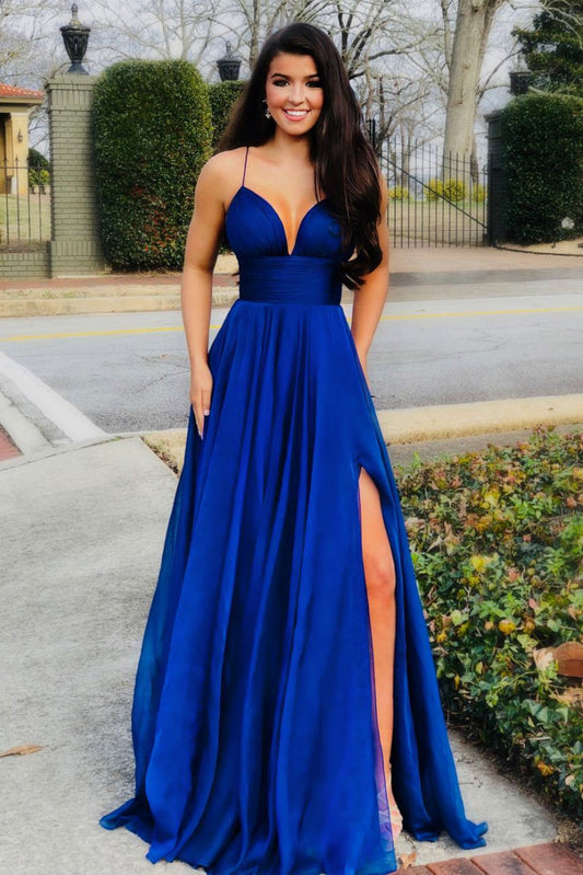 Simple blue sweetheart chiffon long prom dress blue formal dress