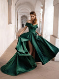 Simple off shoulder satin green long prom dress, green evening dress