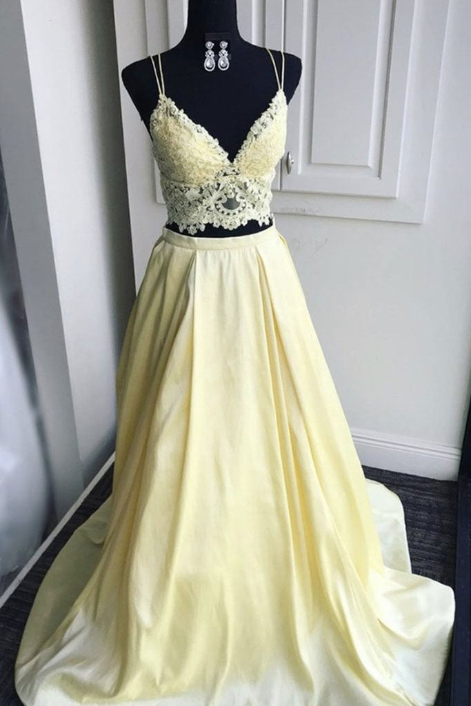 Yellow lace two pieces long prom dress lace formal dress