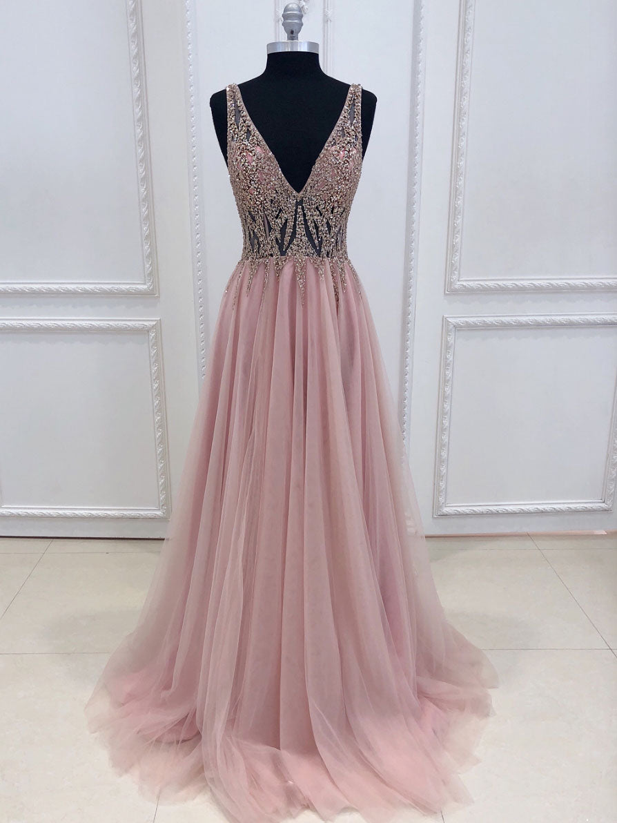 Pink v neck tulle beads long prom dress pink formal dress
